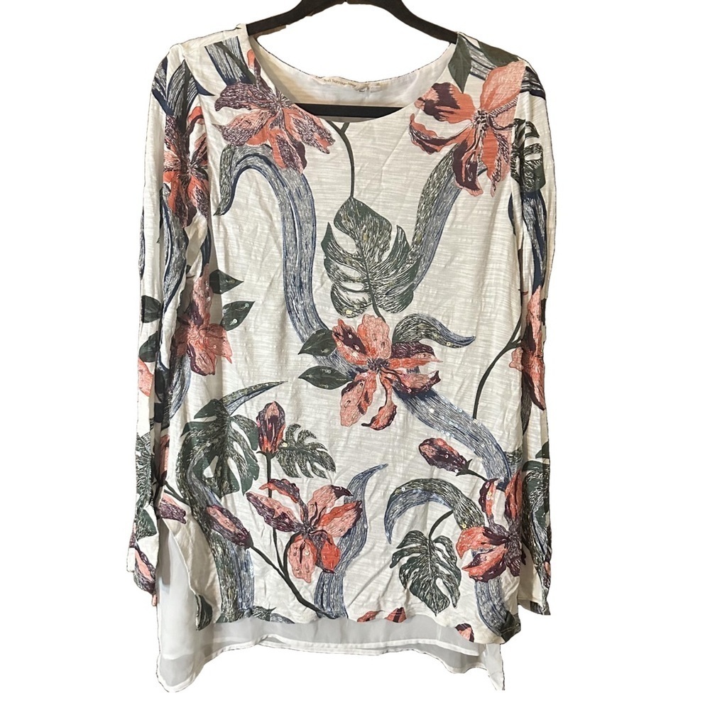 Soft Surroundings Lightweight White Pink Floral Print Long Sleeve Women’s Top L